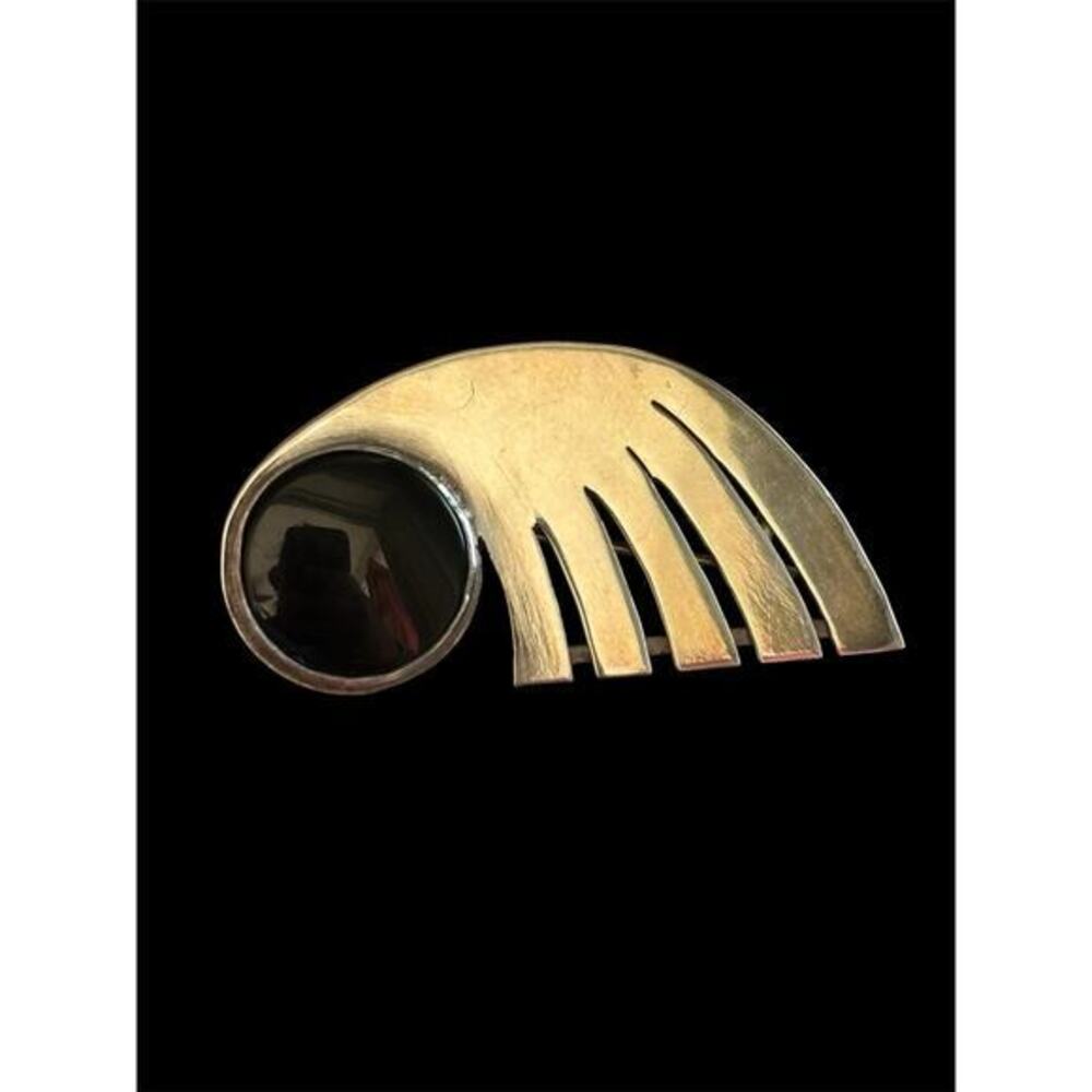 Vtg 1940 Art Deco Modernist Fan Brooch Black Onyx 925